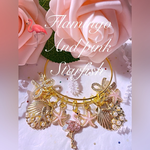 Flamingo gold charm bangle bracelet,  Flamingos, rhinestone flamingos,Summer - Picture 1 of 9
